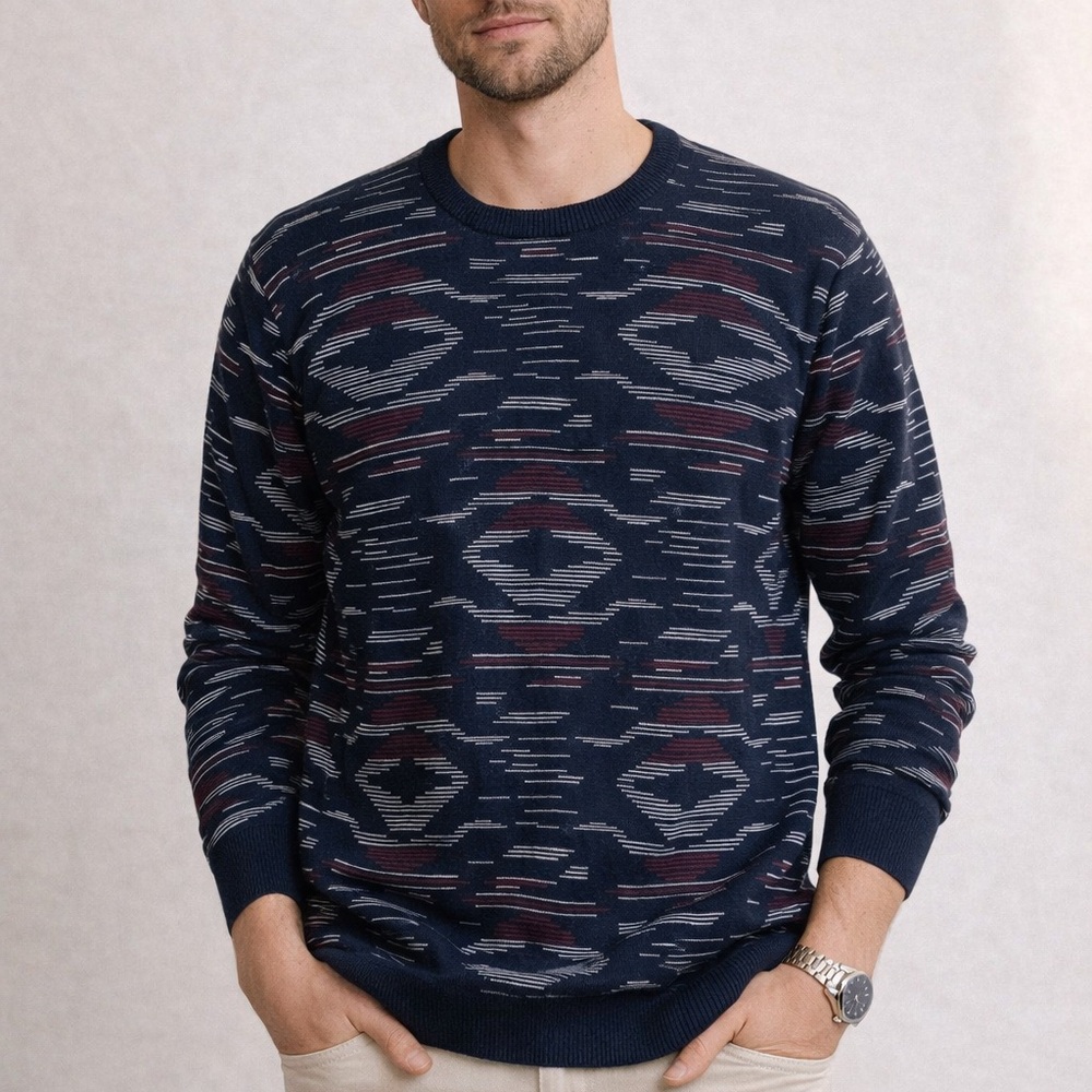 Frank And Oak Blue Ikat Print Sweater Mens XL Modern Heritage Retro 80s
